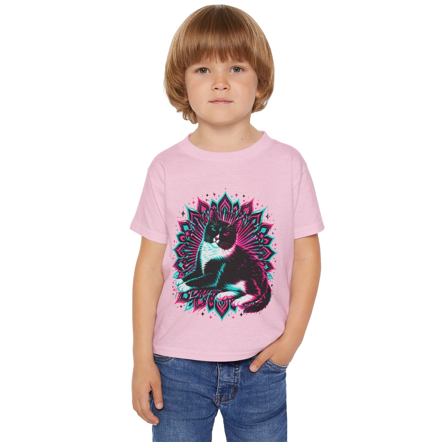 Toddler T‑Shirt — Retro Neon Cat on Mandala Graphic