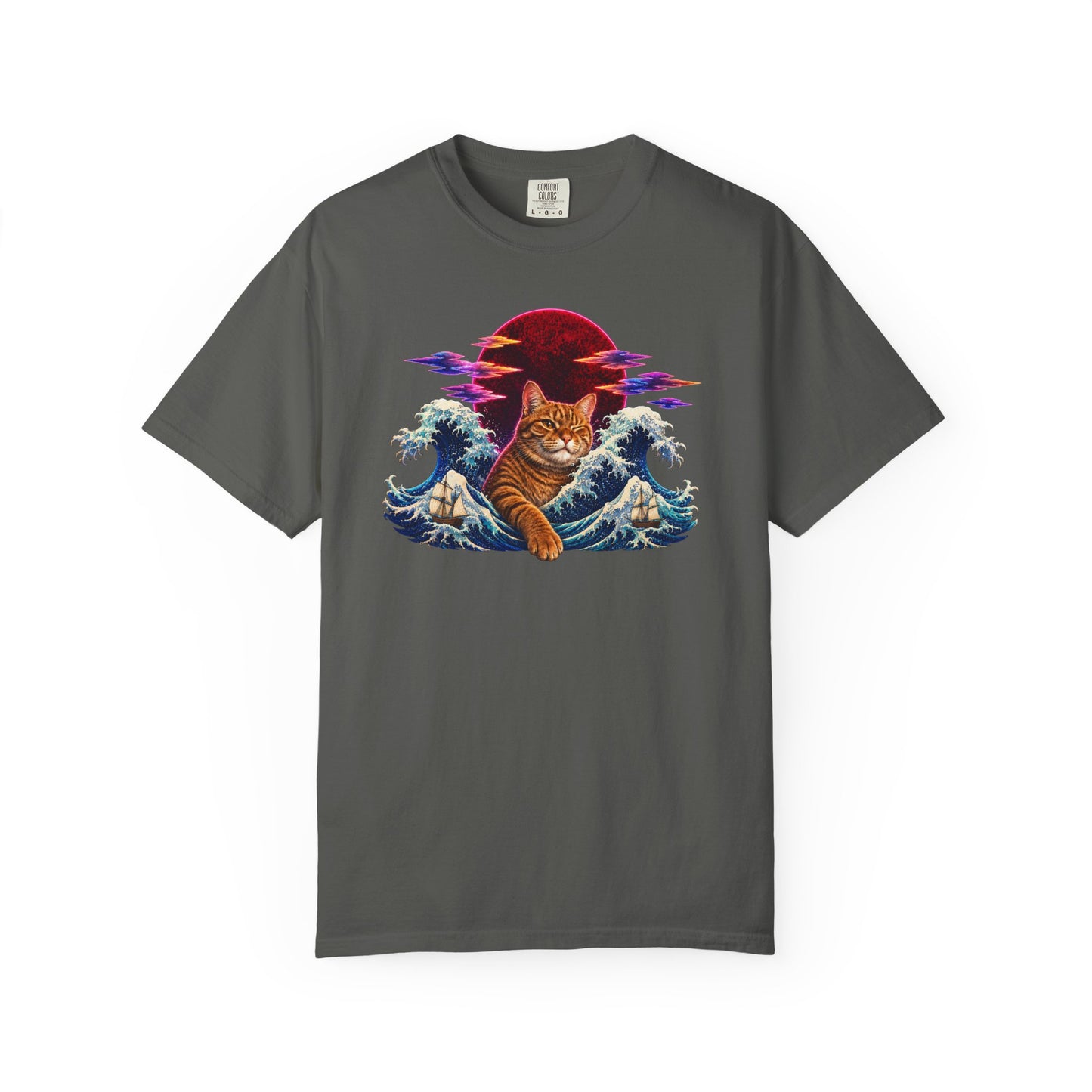 Cat Wave T-Shirt — Ginger Cat Surfing Ocean Waves with Red Sun Graphic