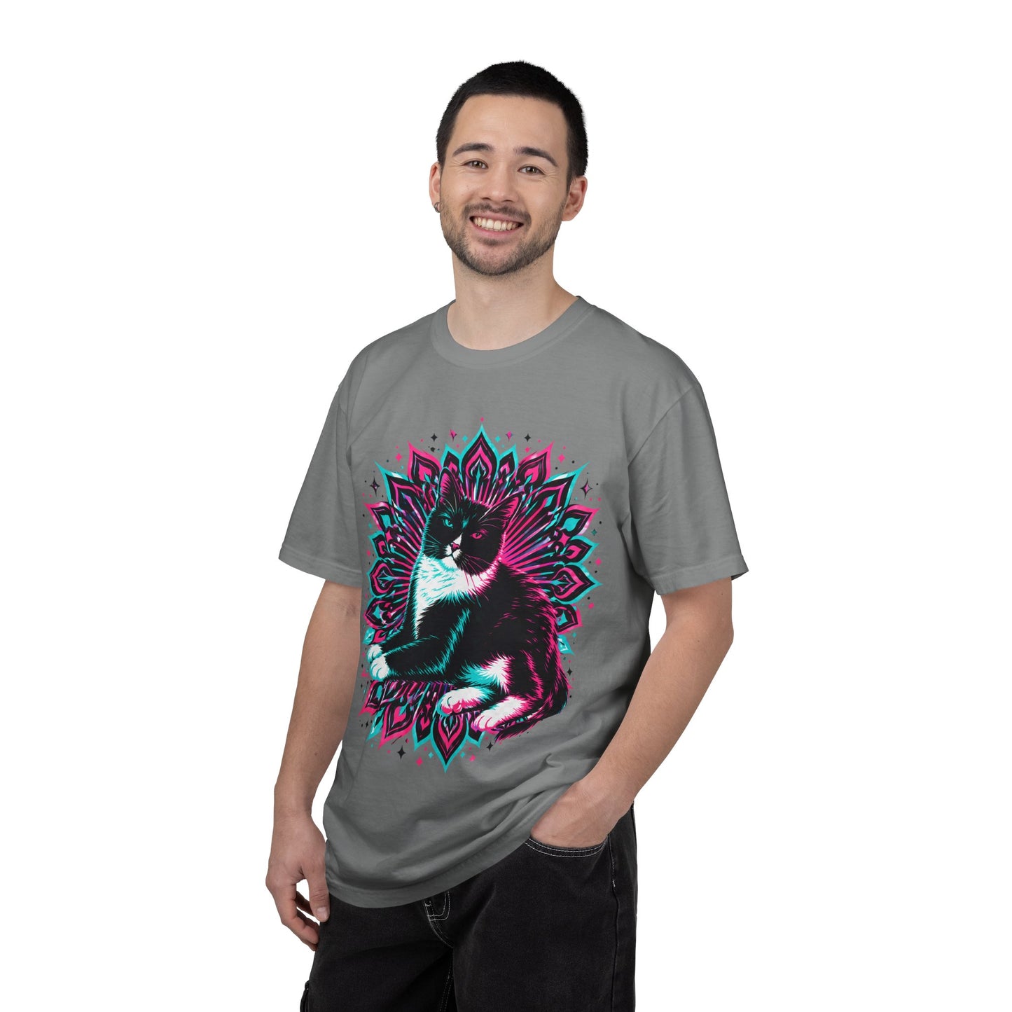 Vintage 3D Tuxedo Cat T-Shirt — Retro Neon Cat Graphic Tee
