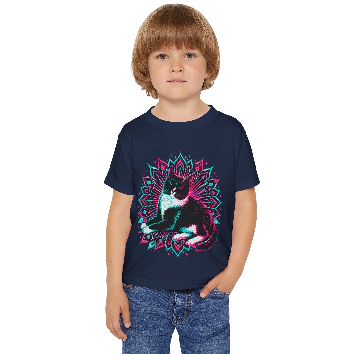 Toddler T‑Shirt — Retro Neon Cat on Mandala Graphic