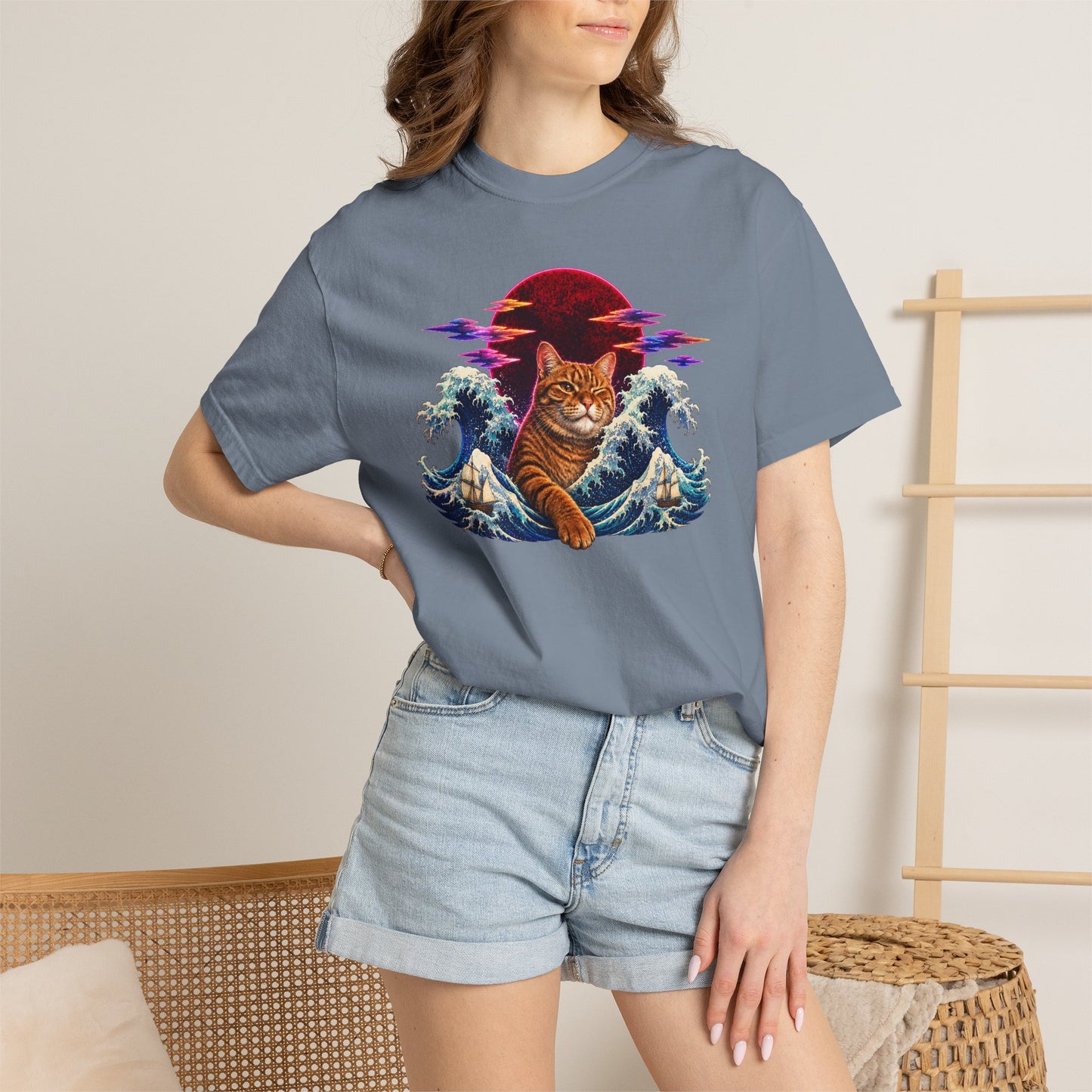 Cat Wave T-Shirt — Ginger Cat Surfing Ocean Waves with Red Sun Graphic