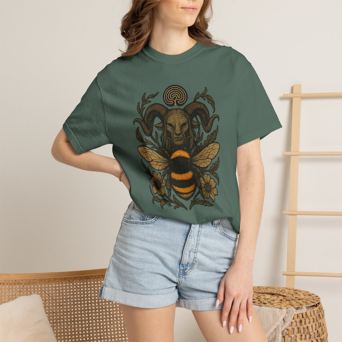 Bee & Horned Goat Graphic T-Shirt — Mystical Nature Illustration