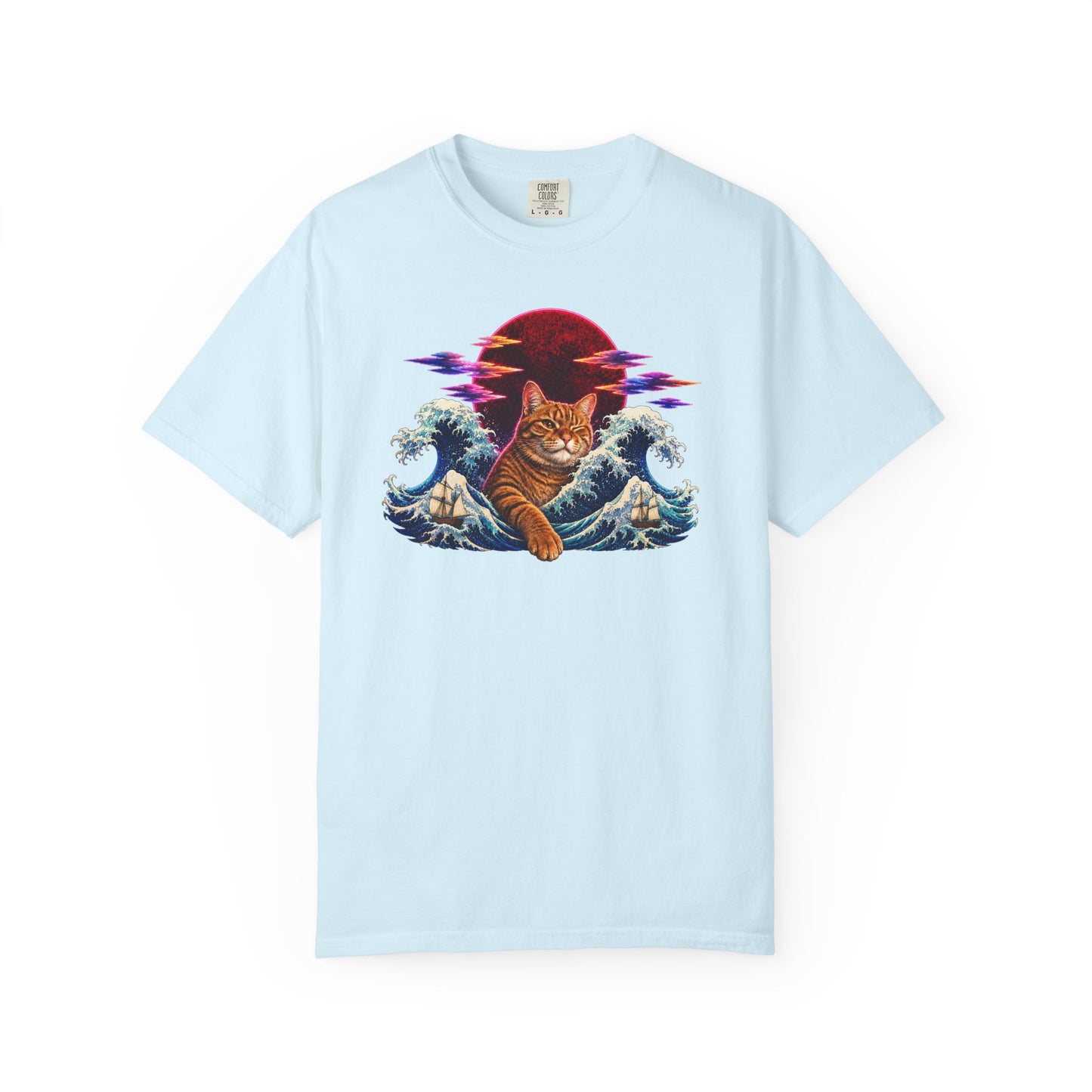 Cat Wave T-Shirt — Ginger Cat Surfing Ocean Waves with Red Sun Graphic