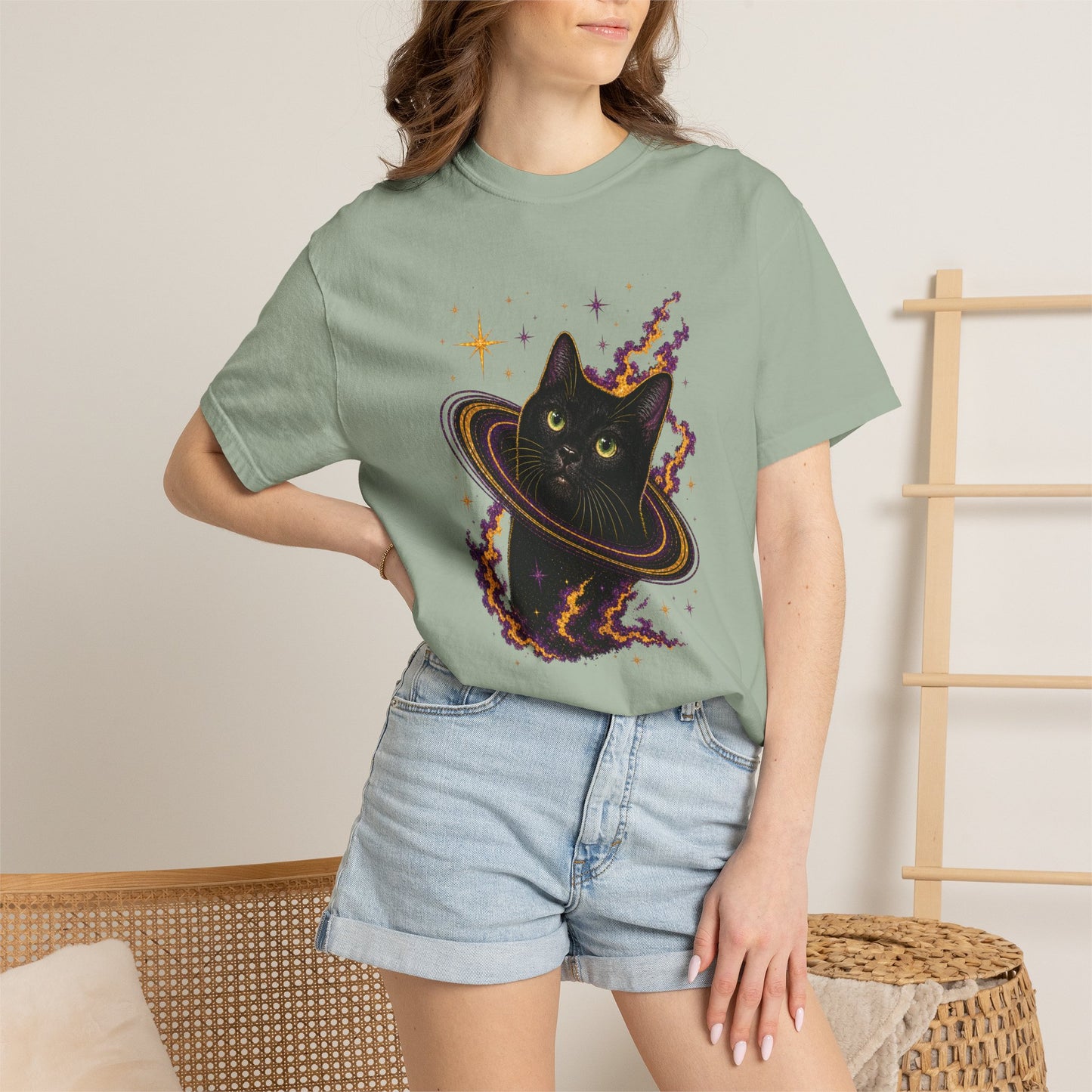 Cosmic Cat T-Shirt — Black Cat Saturn Galaxy Tee