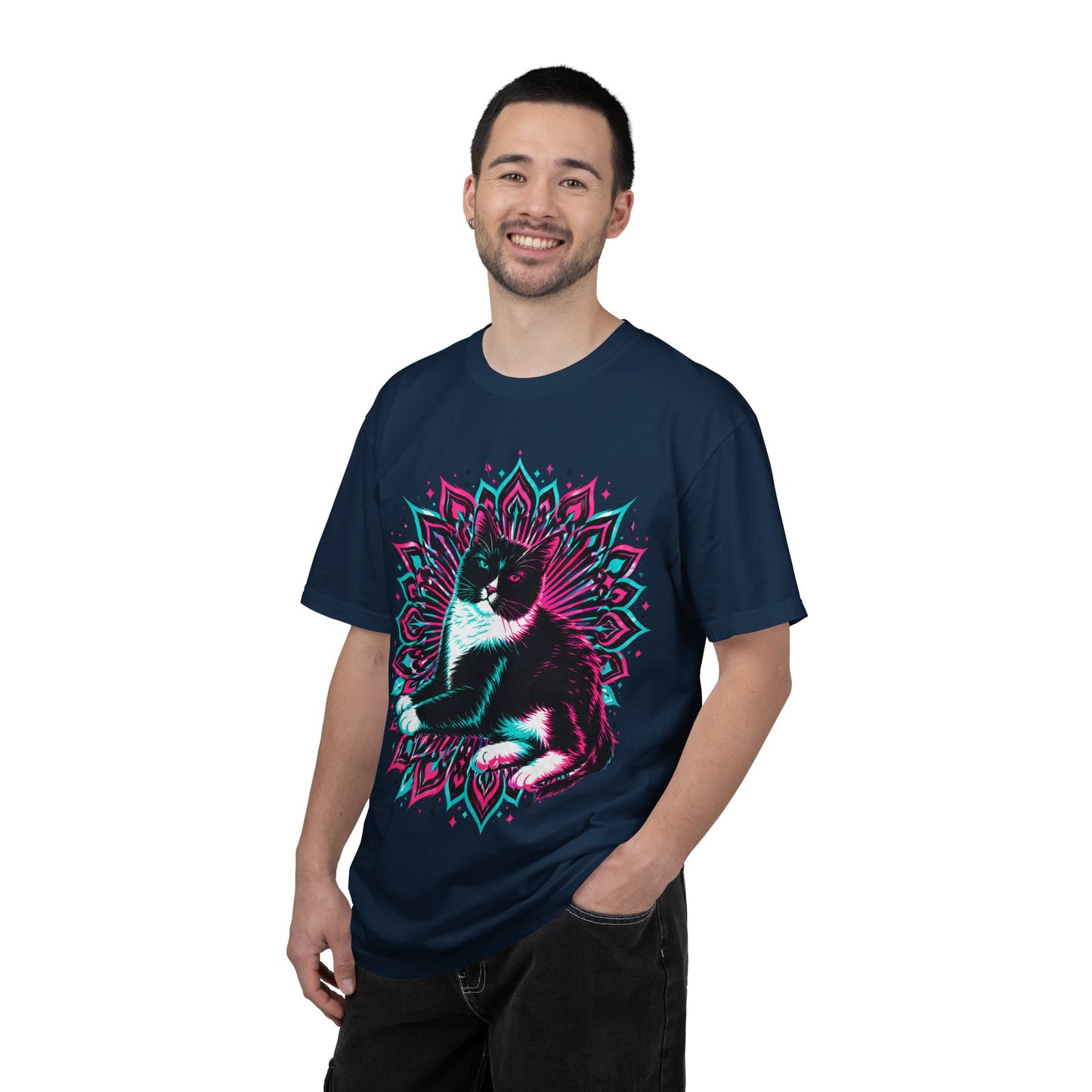 Vintage 3D Tuxedo Cat T-Shirt — Retro Neon Cat Graphic Tee
