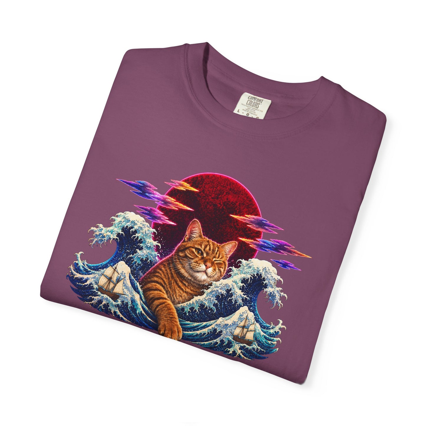 Cat Wave T-Shirt — Ginger Cat Surfing Ocean Waves with Red Sun Graphic