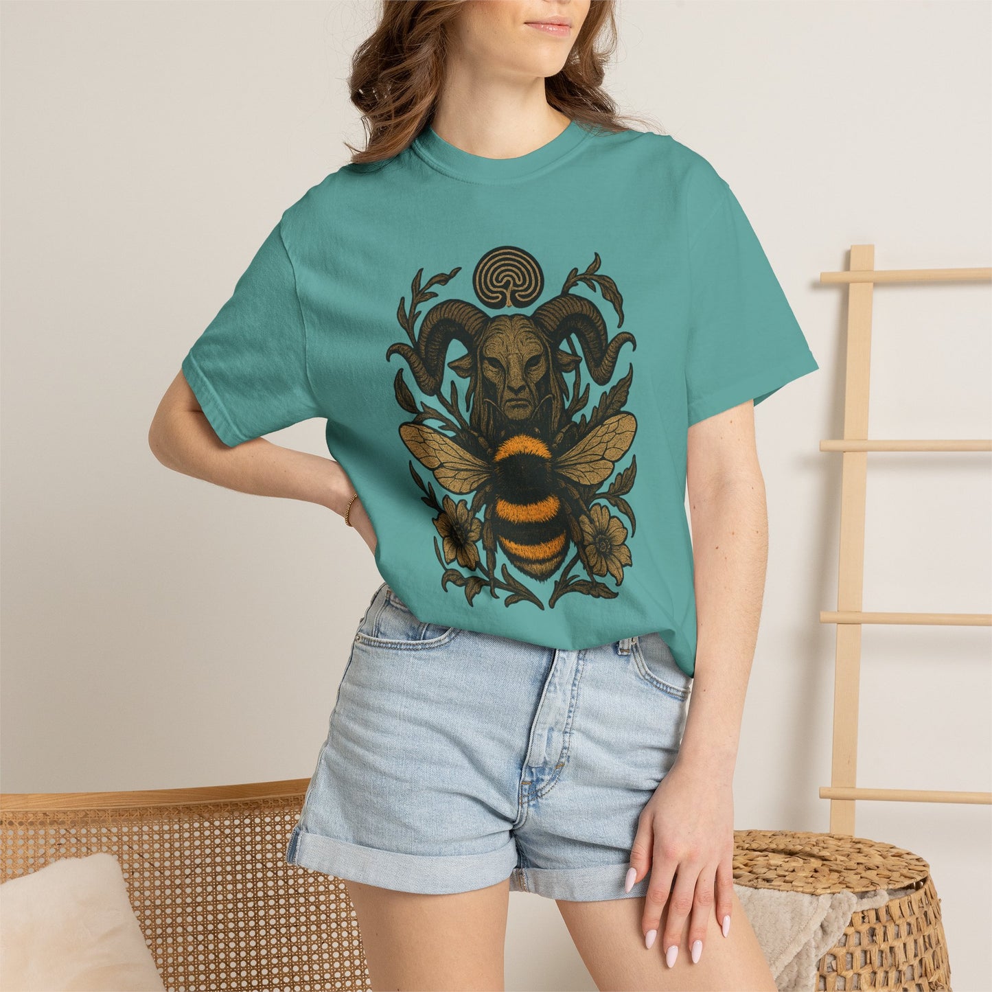 Bee & Horned Goat Graphic T-Shirt — Mystical Nature Illustration